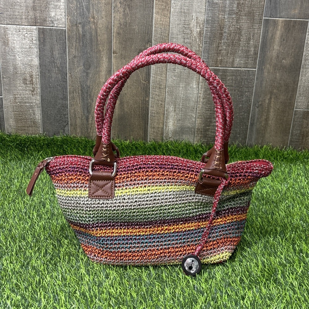 The Sak Rainbow Stripe Crochet Handbag Pink Braided Handles Leather Trim Boho